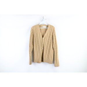 Vtg 70s Streetwear Womens Large Cable Knit Kurt Cobain Cardigan Sweater Beige